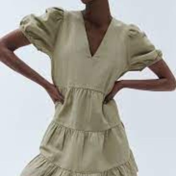 Zara Tiered Linen Blend Babydoll Dress V Neck Ruffled Hem Balloon Sleeve Size L - Picture 5 of 14